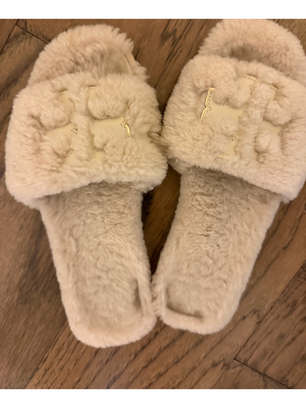 Tory Burch Cream Fuzzy Slide Sandals with Gold Logo